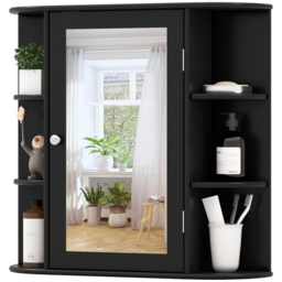 Costway Single Door 6 Shelf Black Mirrored Wall Mounted Bathroom Cabinet - Size: 65 x 17 x 64cm - Wilko - thumbnail 4