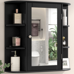 Costway Single Door 6 Shelf Black Mirrored Wall Mounted Bathroom Cabinet - Size: 65 x 17 x 64cm - Wilko - thumbnail 1