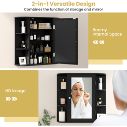 Costway Single Door 6 Shelf Black Mirrored Wall Mounted Bathroom Cabinet - Size: 65 x 17 x 64cm - Wilko - thumbnail 7