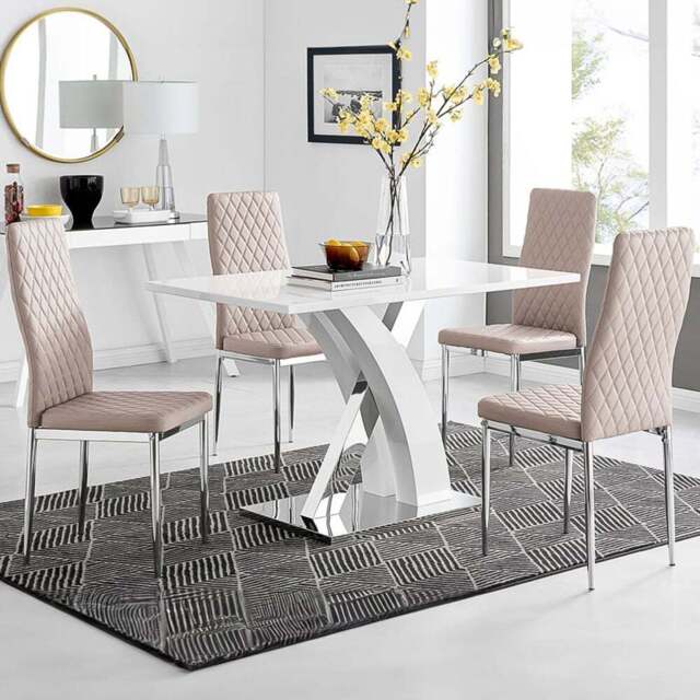 Furniturebox Columbia Valera 4 Seater Dining Set White Gloss Cappuccino and Chrome - Brown - Wilko - image 1