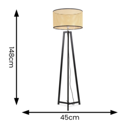 ValueLights Lottie Natural Cane Drum Shade Black Wood Tripod LED Floor Lamp - Size: 148 x 45 x 45cm - Wilko - thumbnail 5