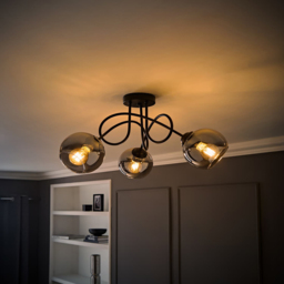ValueLights Malcom 3 Arm Smoked Glass Shade Matt Black Twisted Ceiling Light with Bulb - Size: 30 x 58 x 52cm - Wilko - thumbnail 3
