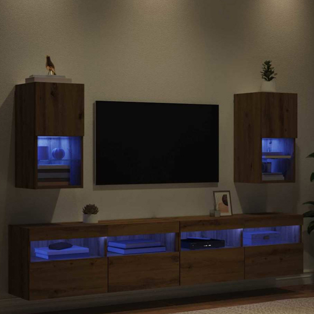 vidaXL Single Door 2 Shelf Artisan Oak Wall Mounted LED TV Unit Set of 2 - Size: 225 x 42.5 x 70cm - Brown - Wilko - image 1