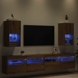 vidaXL Single Door 2 Shelf Artisan Oak Wall Mounted LED TV Unit Set of 2 - Size: 225 x 42.5 x 70cm - Brown - Wilko