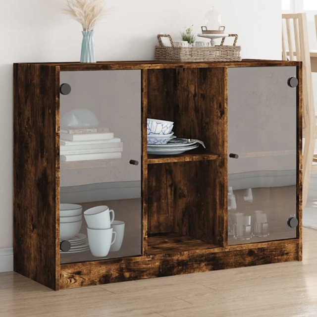 vidaXL 2 Glass Door 2 Shelf Smoked Oak Sideboard - Size: 75.5 x 37 x 102cm - Brown - Wilko - image 1