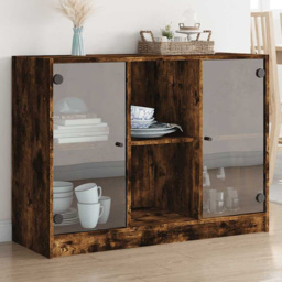 vidaXL 2 Glass Door 2 Shelf Smoked Oak Sideboard - Size: 75.5 x 37 x 102cm - Brown - Wilko