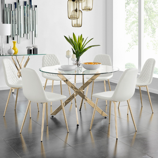 Furniturebox Arona Solara 6 Seater Round Dining Set White and Gold - Wilko - image 1