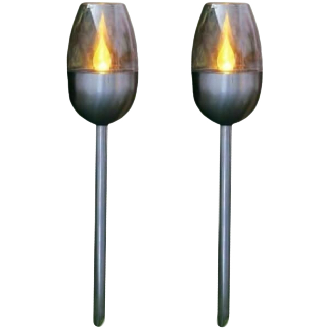 Garden Mile 2 Pack Flame Effect Solar LED Stake Light - Size: 30 x 15 x 15cm - Silver - Wilko - image 1