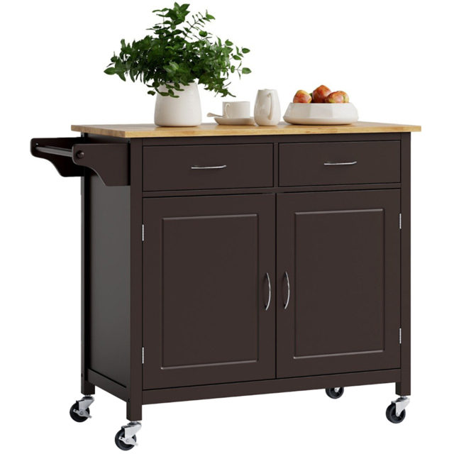 Costway 2 Door 2 Drawer Brown Rolling Kitchen Island Cart - Size: 107 x 57 x 23cm - Wilko - image 1