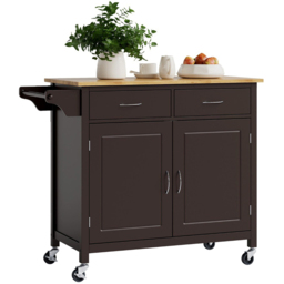 Costway 2 Door 2 Drawer Brown Rolling Kitchen Island Cart - Size: 107 x 57 x 23cm - Wilko