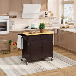 Costway 2 Door 2 Drawer Brown Rolling Kitchen Island Cart - Size: 107 x 57 x 23cm - Wilko - thumbnail 3