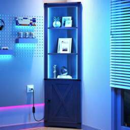 Living and Home Single Door 3 Shelf LED Wooden Wine Cabinet with Speakers and Remote - Size: 171.5 x 50 x 30.5cm - Black - Wilko