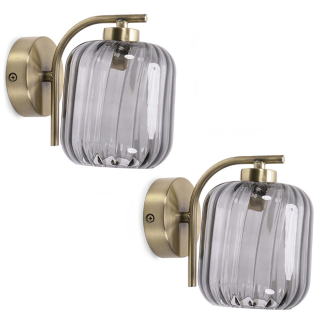 ValueLights Amelie 2 Pack Ribbed Glass Gold Stem LED Wall Light - Size: 16 x 13 x 18cm - Wilko - image 1