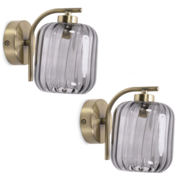 ValueLights Amelie 2 Pack Ribbed Glass Gold Stem LED Wall Light - Size: 16 x 13 x 18cm - Wilko