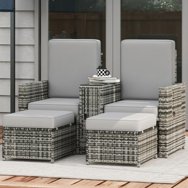 Outsunny Grey Rattan Sun Lounger with Storage Tea Table and Footstools - Size: 1 Seater - Wilko - image 1