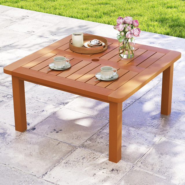 Costway Solid Wood Teak Oil Patio Coffee Table with Umbrella Hole - Size: 90 x 90 x 47cm - n/a - Wilko - image 1