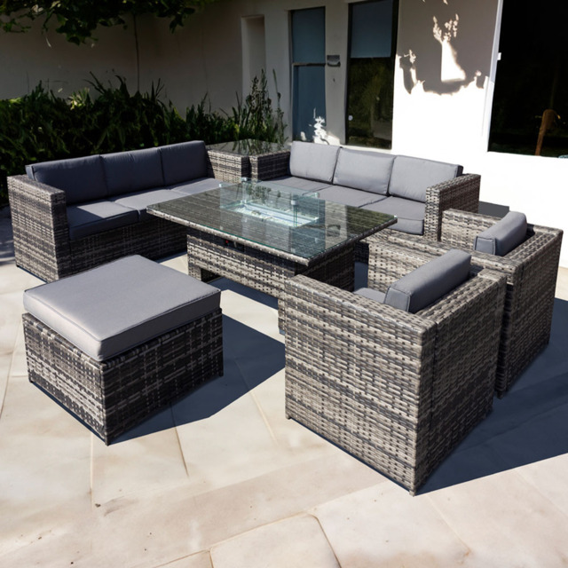 Oseasons Malta 9 Seater Grey Walnut Rattan Rising Firepit U Shape Sofa Set with Footstool - Brown - Wilko - image 1