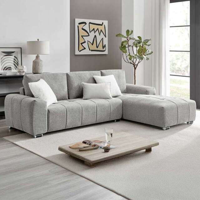 DS Living The Capri 3 Seater Silver Woven Fabric Right Hand Chaise Corner Sofa - Wilko