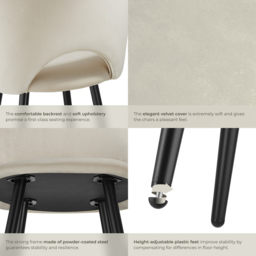 tectake Rachel Cream and Black Velvet Look Bar Stool Set of 4 - Wilko - thumbnail 6