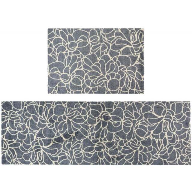 JVL Mega Grey Floral Latex Backed Door Mat and Runner Set - Size: 150 x 57 x 4cm - Blue - Wilko - image 1