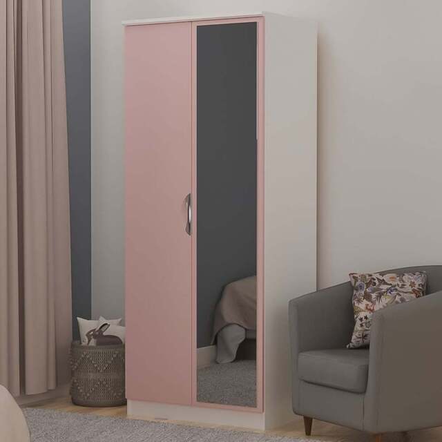 Crowndale Camden 2 Door Kobe Pink and White Wardrobe with Mirror Door Ready Assembled - Kobe Pink & White - Wilko - image 1
