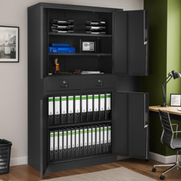 tectake Cosmo 4 Door 2 Drawer Black Lockable Filing Cabinet - Size: 180 x 40 x 80cm - Wilko