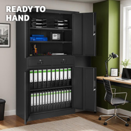 tectake Cosmo 4 Door 2 Drawer Black Lockable Filing Cabinet - Size: 180 x 40 x 80cm - Wilko - thumbnail 4