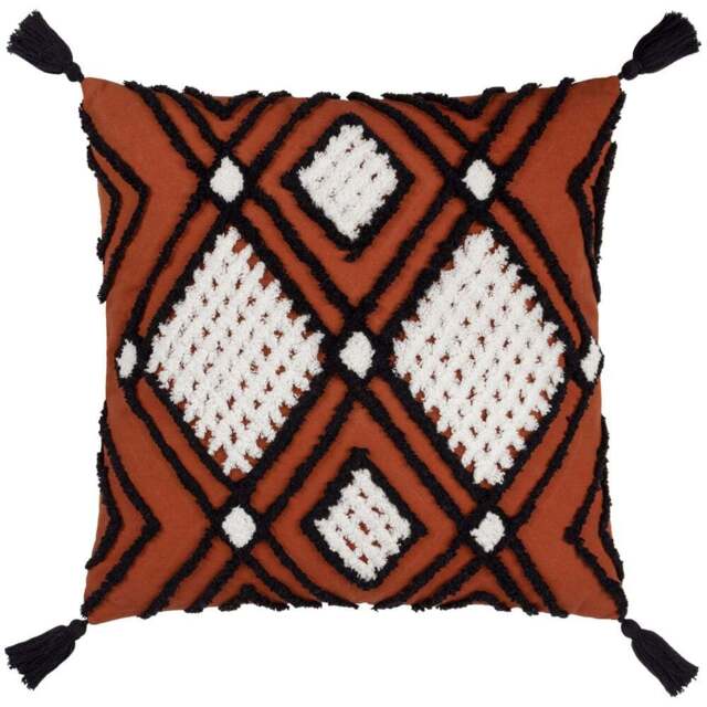 furn. Aquene Brick and Black Tufted Tasselled Cushion - Size: 50 x 50cm - Multi - Wilko - image 1