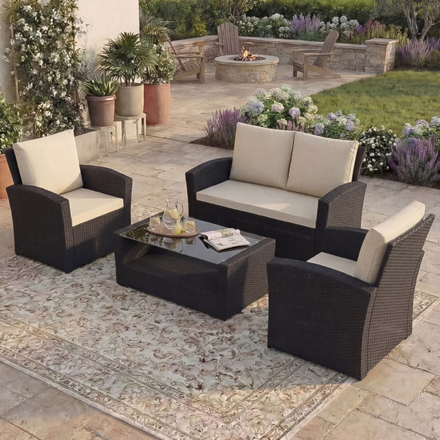 Garden Vida Mylor 4 Seater Black PE Rattan Garden Lounge Set with Cover - Wilko - image 1