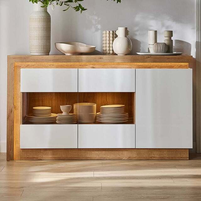 Florence Lyon 3 Door Glazed Riviera Oak and White Sideboard with LED Lighting - Multi - Furniture to Go - Wilko - image 1