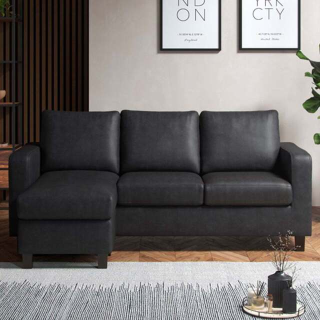 Monroe 3 Seater Black PU Leather Reversible Chaise Sofa - Wilko - image 1