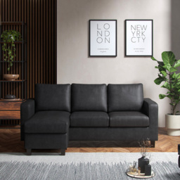 Monroe 3 Seater Black PU Leather Reversible Chaise Sofa - Wilko - thumbnail 4