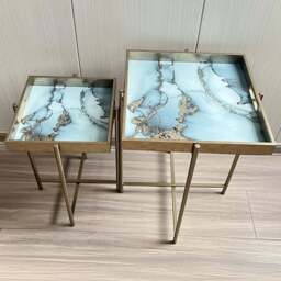 Acacia Home Art Deco Silver Gold Floral Marble Effect Square Side Tables Set of 2 - Size: 45 x 32 x 22cm - Wilko