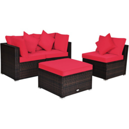 Costway 3 Seater Red Outdoor Rattan Conversation Set with Cushions and Pillows - Wilko - thumbnail 3