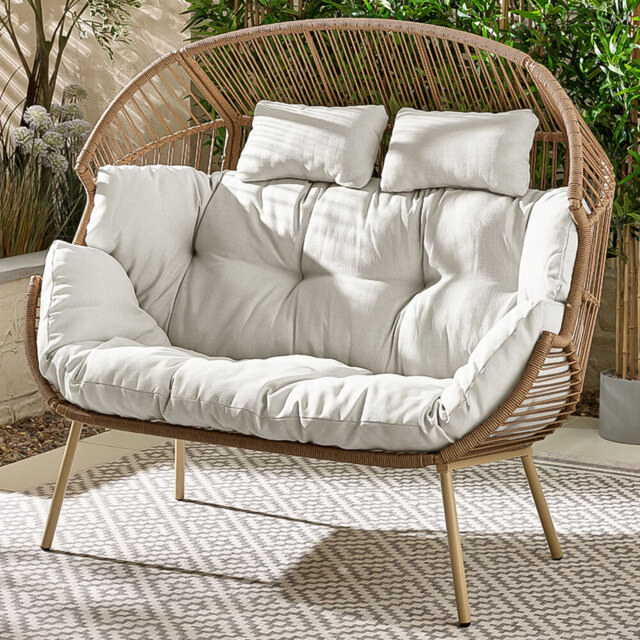 Furniturebox Veza 2 Seater Rattan Light Brown Egg Chair with Cream Cushion - Wilko - image 1