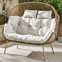 Furniturebox Veza 2 Seater Rattan Light Brown Egg Chair with Cream Cushion - Wilko - thumbnail 1