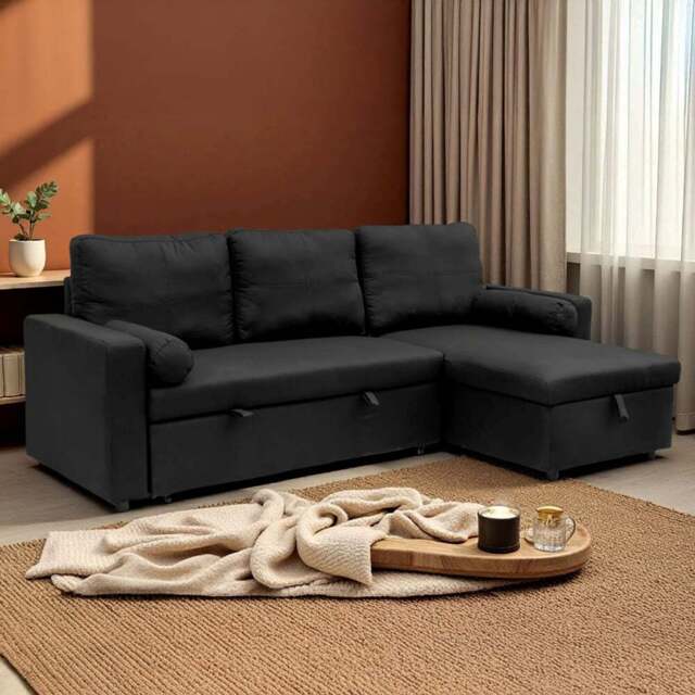 Indoor Living Manhattan 3 Seater Black Corner Sofa Bed - Wilko - image 1