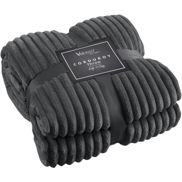 Velosso Charcoal Plain Corduroy Throw 150 x 200cm - Size: 150 x 200 x 1cm - Wilko - image 1