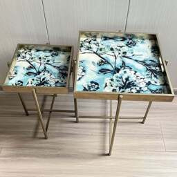 Acacia Home Art Deco Silver Gold Floral Marble Effect Square Side Tables Set of 2 - Size: 45 x 32 x 22cm - Wilko