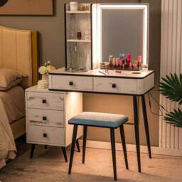 Costway 5 Drawer White Vanity Dressing Table Set with LED Mirror and Charging Station - Size: 92 x 58 x 39cm - Wilko