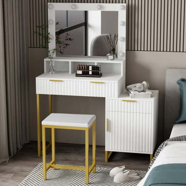 Kosy Koala Zoey Single Door 3 Drawer White and Gold Dressing Table Set with LED Mirror - Size: 140 x 100 x 40cm - Wilko - image 1