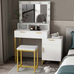 Kosy Koala Zoey Single Door 3 Drawer White and Gold Dressing Table Set with LED Mirror - Size: 140 x 100 x 40cm - Wilko