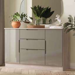 Crowndale Milan 2 Door 3 Drawer Grey Gloss and Grey Oak Sideboard Ready Assembled - Size: 79 x 126 x 39cm - Grey Gloss & Grey Oak - Wilko