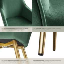 tectake Marilyn Set of 2 Dark Green and Gold Velvet Look Padded Accent Chairs - Size: Single - Wilko - thumbnail 6