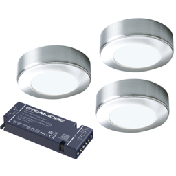 Sorrelis Oberon Aluminium Round Warm White 3 Cabinet Light Kit - Size: 1.6 x 6.5 x 6.5cm - Silver - Wilko