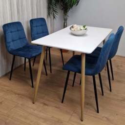 Portland 4 Seater Velvet Dining Set White and Blue - Multi - Wilko