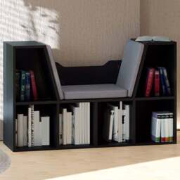 Portland 6 Shelf Black Bookcase with Cushioned Reading Seat - Wilko