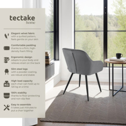 tectake Marilyn Set of 4 Grey and Black Quilted Velvet Dining Chair - Wilko - thumbnail 4