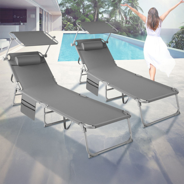 tectake Chloé Set of 2 Grey Foldable Sun Lounger - Size: 111 x 68 x 161cm - Wilko - image 1