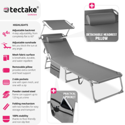 tectake Chloé Set of 2 Grey Foldable Sun Lounger - Size: 111 x 68 x 161cm - Wilko - thumbnail 7
